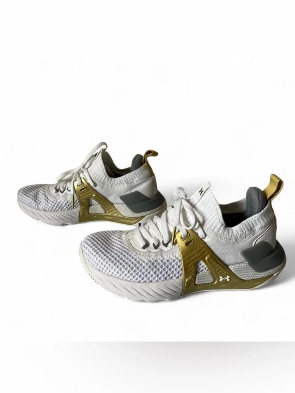 Under Armour Project Rock 4 White Metallic Gold Knit Trainer Sneakers size 5.5